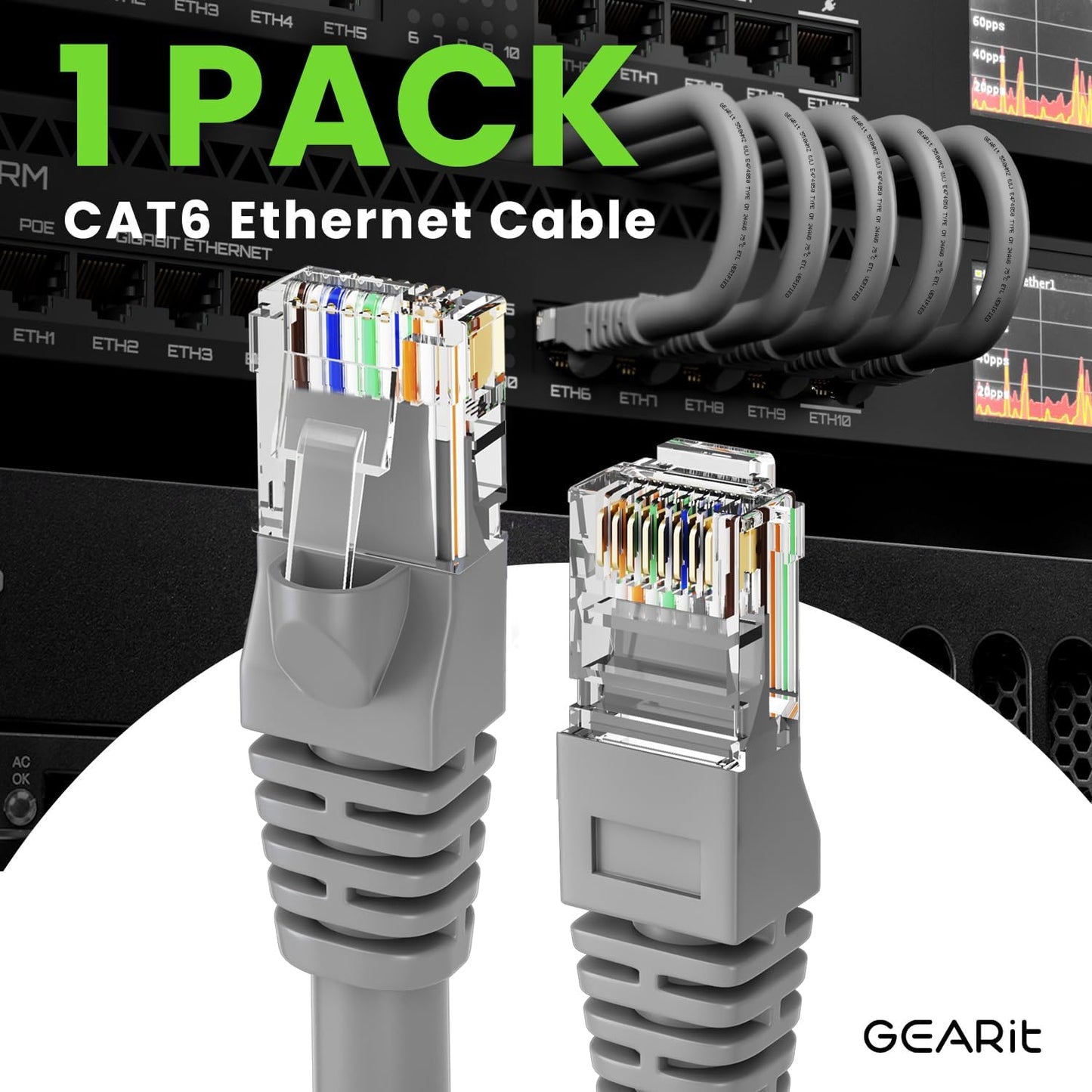 GEARit Cat 6 Ethernet Cable (1-Pack 14 Feet) Cat6 Network Patch, 10Gbps, RJ45, Snagless Cord, Gold-Plated Connectors, Internet for PC, TV, Tablet, Router, Printer, Servers, IT Data Center - Gray