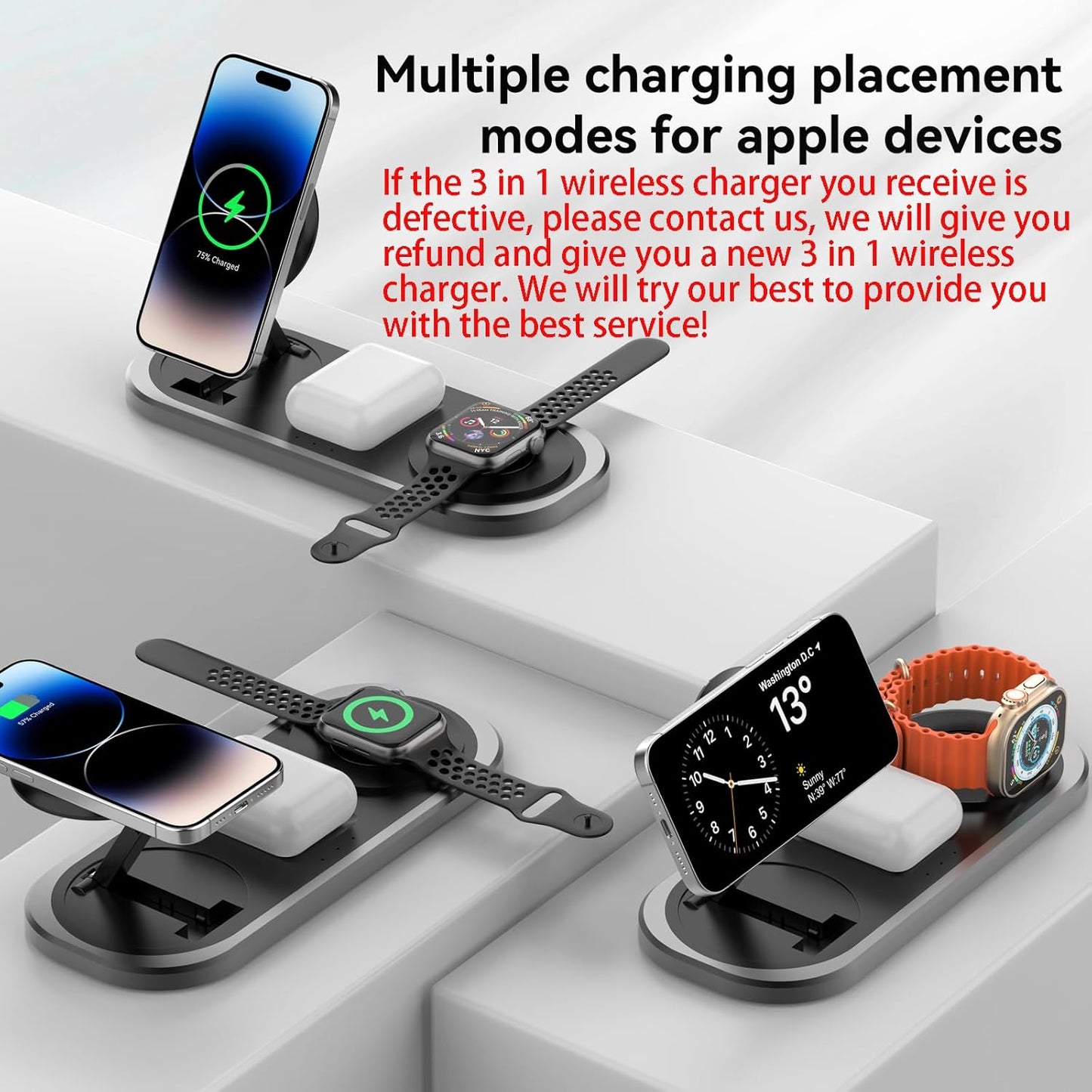 3 in 1 Wireless Charger for iPhone, Foldable Charging Station for Magsafe for iPhone 16/15/14/13/12/Pro Max/Pro/Mini/Plus, Apple Watch 10/9/8/7/SE/6/5/4/3/2/1/Ultra2/Ultra, AirPods pro/2/3/4 (Black)