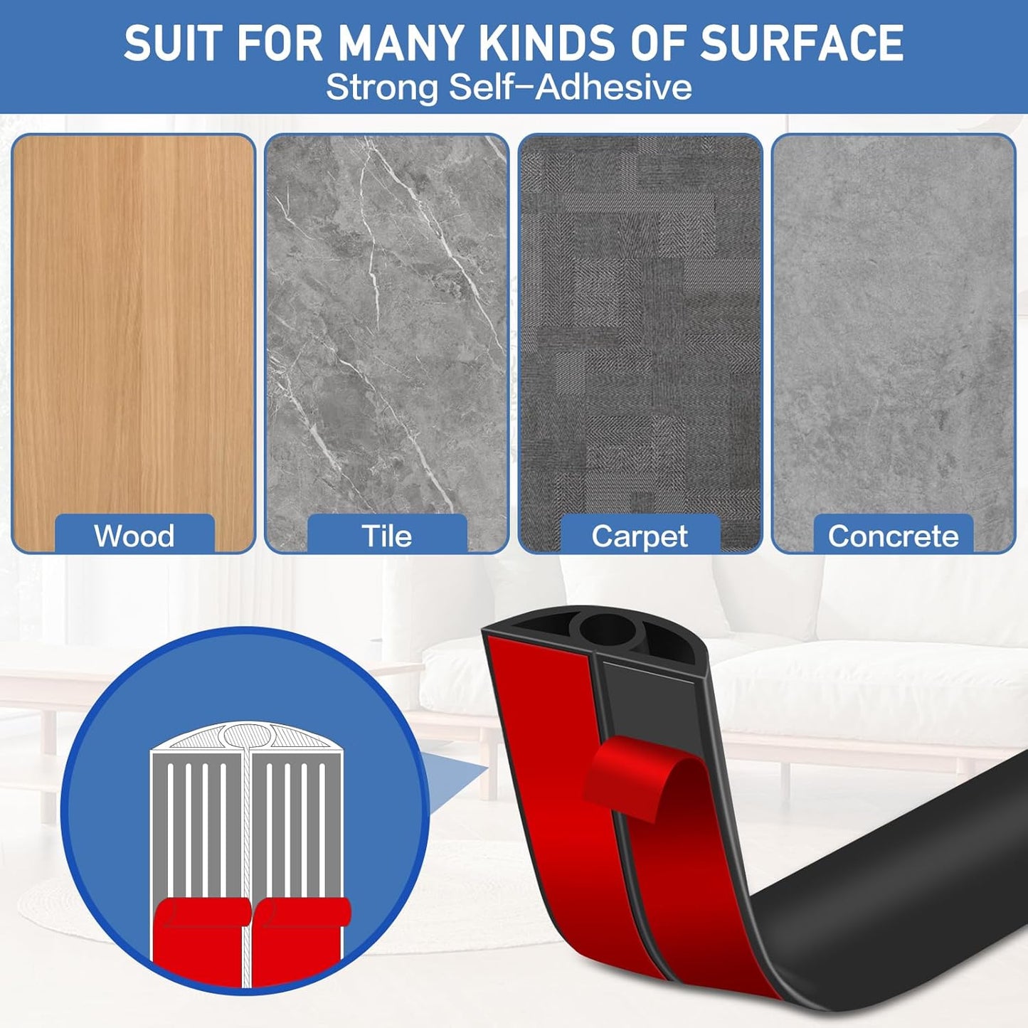 Floor Cord Cover Self Adhesive Cord Hider Floor Extension Cord Covers for Floor Power Cord Protector Cable Management Prevent Cable Trips Cable Cavity 0.32" W x 0.32" H (Black, 10Ft)