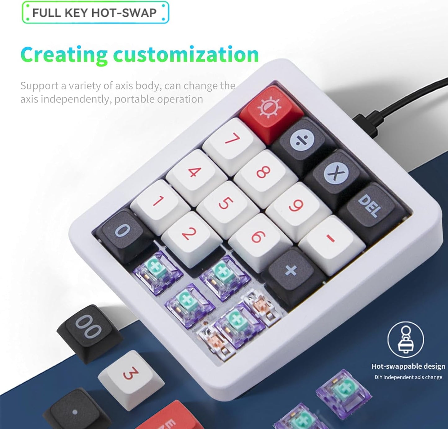 Adventurers K812 Wired Mechanical Numeric Keypad, 19-Key Hot-Swappable RGB Numpad, Macro Programmable, Detachable Type-C Cable, Game/Office Mode Switch – for PC/Laptop/Desktop (White)