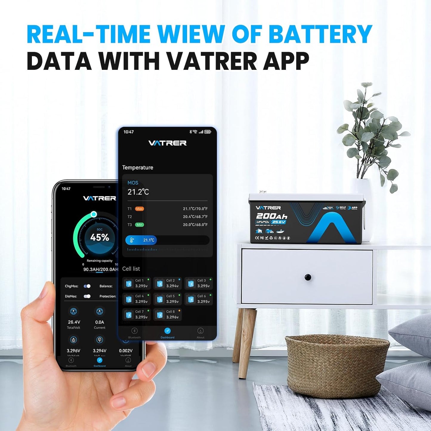 24V 200AH Bluetooth Low/High Temp Cutoff LiFePO4 Lithium Battery with Self-Heating, Built-in 200A BMS, Rechargeable Battery with 5.12kW for RV/Camper, Solar Home & Off-Grid Setup, Backup