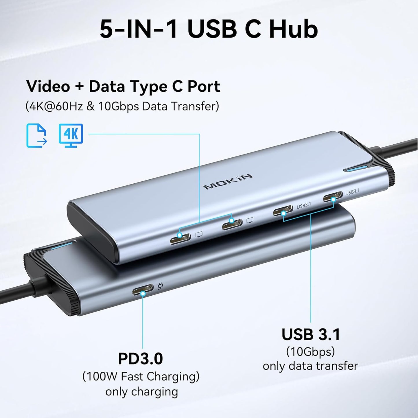 USB C to USB C Hub Dual Monitor, USBC Splitter with 4K@60Hz DP Alt Mode Video Output, 10Gbps Data Transfer, 100W PD Charging, Dual Monitor Adapter for Laptop, Portable Monitor and More Type C Devices