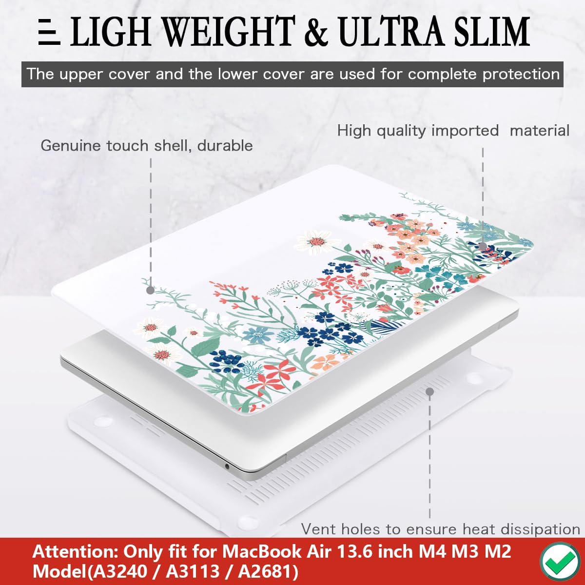 CISSOOK for MacBook Air 13.6 Inch Case 2022 2023 2024 2025 Release Model A2681 A3113 A3240, Matte Frosted Hard Shell Cover with Keyboard Cover for MacBook Air 13.6 M2 M3 M4 - Wildflowers