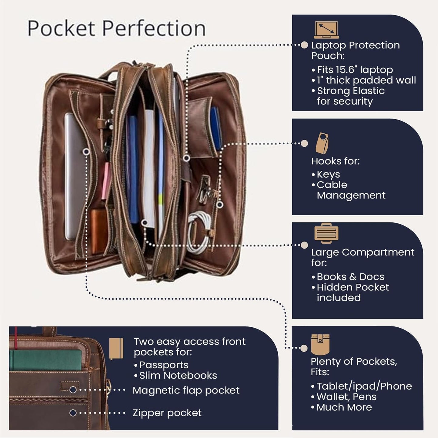 Luxorro Full Grain Leather Briefcase for Men, Top Choice Gifts, Handcrafted Laptop Bag with Multiple Compartments and Brass Hardware, Fits 15.6 Inch Laptop