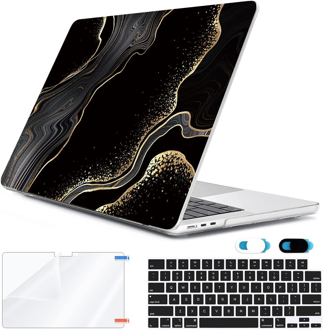 Compatible with MacBook Air 13 inch Case 2025 2024-2022 M4 A3240 M3 A3113 M2 A2681, Plastic Hard Shell&Keyboard Cover&Screen Film&Webcam Cover for MacBook Air 13.6 inch Case, Black Marble