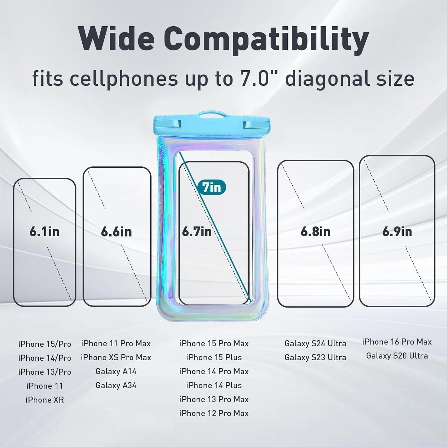 Floatable Waterproof Phone Pouch Case for iPhone 16 Pro Max/15/14/13/12, IP68 Travel Cellphone Waterproof Phone Pouch, Iridescent Blue,1 Pack