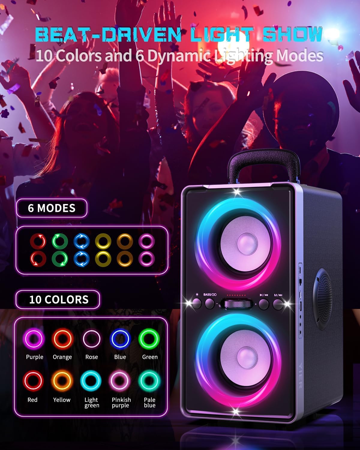 Bluetooth Speaker, 200W(Peak) Loud Stereo with Deep Bass, 20H Playtime, TWS, 30W Fast Charging, Portable Handle, Wireless Large Boombox with LED Light for Party Outdoor Backyard Beach