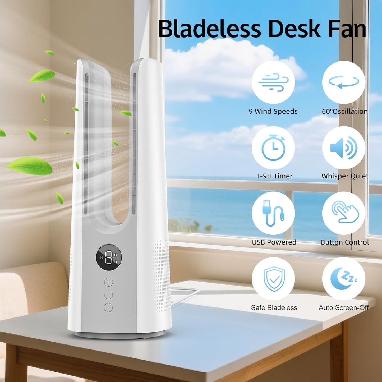 Desk Fan, 13 Inch Portable Bladeless Fan, Small Quiet Table Fan with 60°Oscillating, 9 Speeds & 9H Timer, LED Display, Button Control, Easy to Clean, Personal Desktop Fan for Bedroom, Office