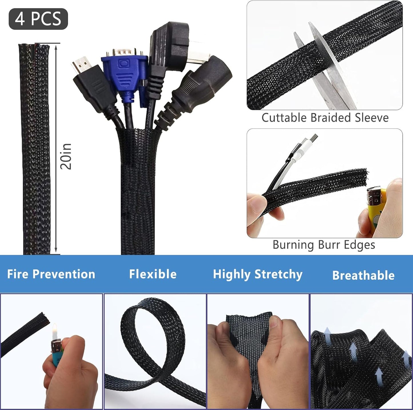 ELII 327 PCS Cable Management Kit 4 Cable Cable Sleeves,65 Cable Clips with 13Cord Holders,25 Roll Cable Organizer Straps,200 Fastening Cable Ties,20 Cable Zip Tie Mounts for Computer (Black)