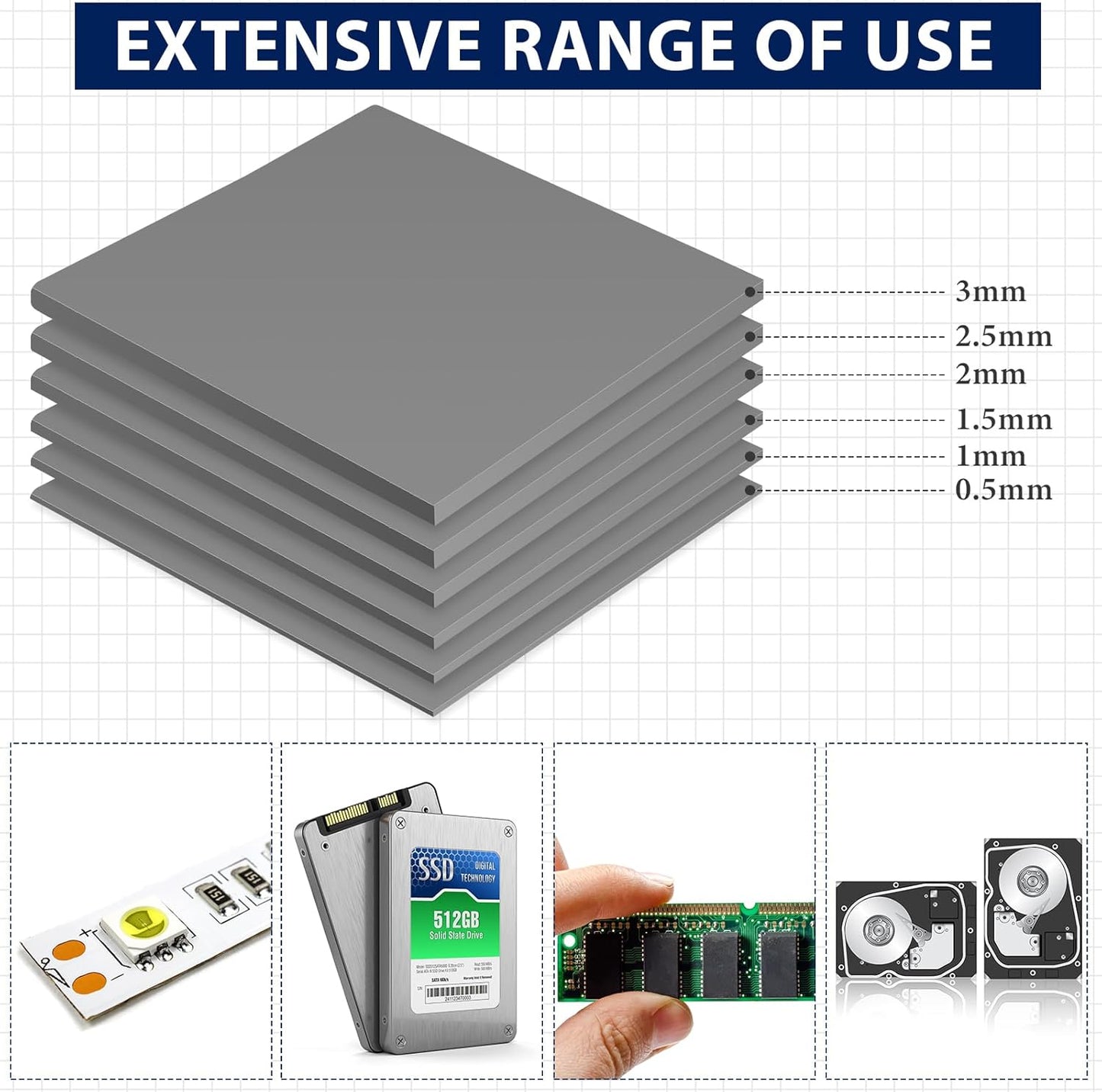 Frienda 6 Pcs Thermal Pad 100 x 100 mm, 0.5 mm, 1 mm, 1.5 mm, 2 mm, 2.5 mm, 3 mm Heat Resistant Conductive Silicone Thermal Pads Conductivity 6.0 W/M for Laptop Heatsink CPU GPU LED Cooler(Gray)