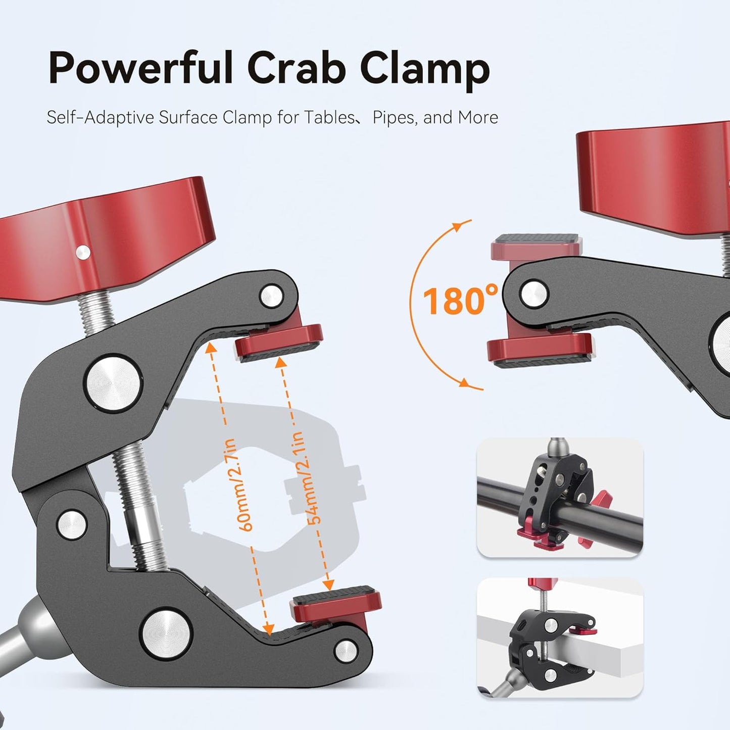 Camera Clamp Mount & 360°Ball Head Magic Arm with Adapter for Go pro, Aluminum Double Ball Head Adapters, Heavy Duty Super Clamp with 1/4"-20 & 3/8"-16 Thread -SJ008