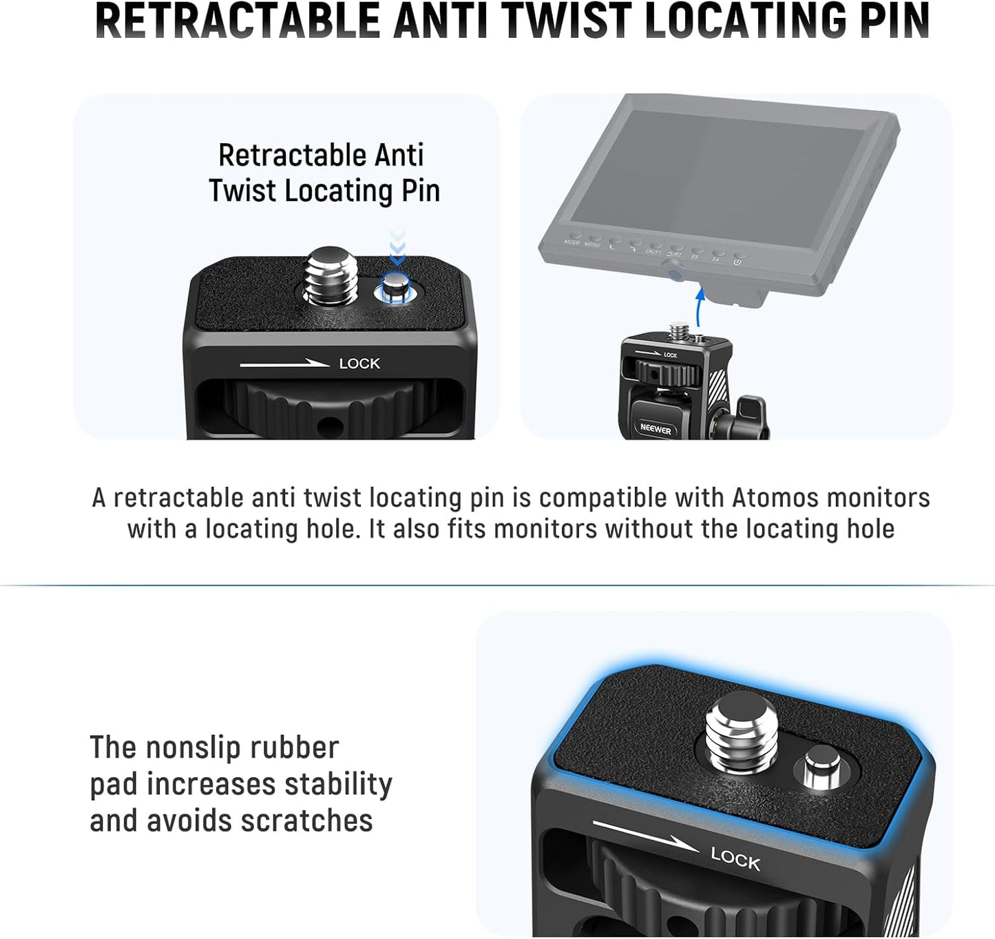 NEEWER Camera Field Monitor Mount Holder Bracket, 360° Swivel 180° Tilt Adjustable with 1/4" & 3/8" Screw Anti Twist Compatible with Atomos Ninja 5" & 7" Compatible with SmallRig Camera Cage, MA022