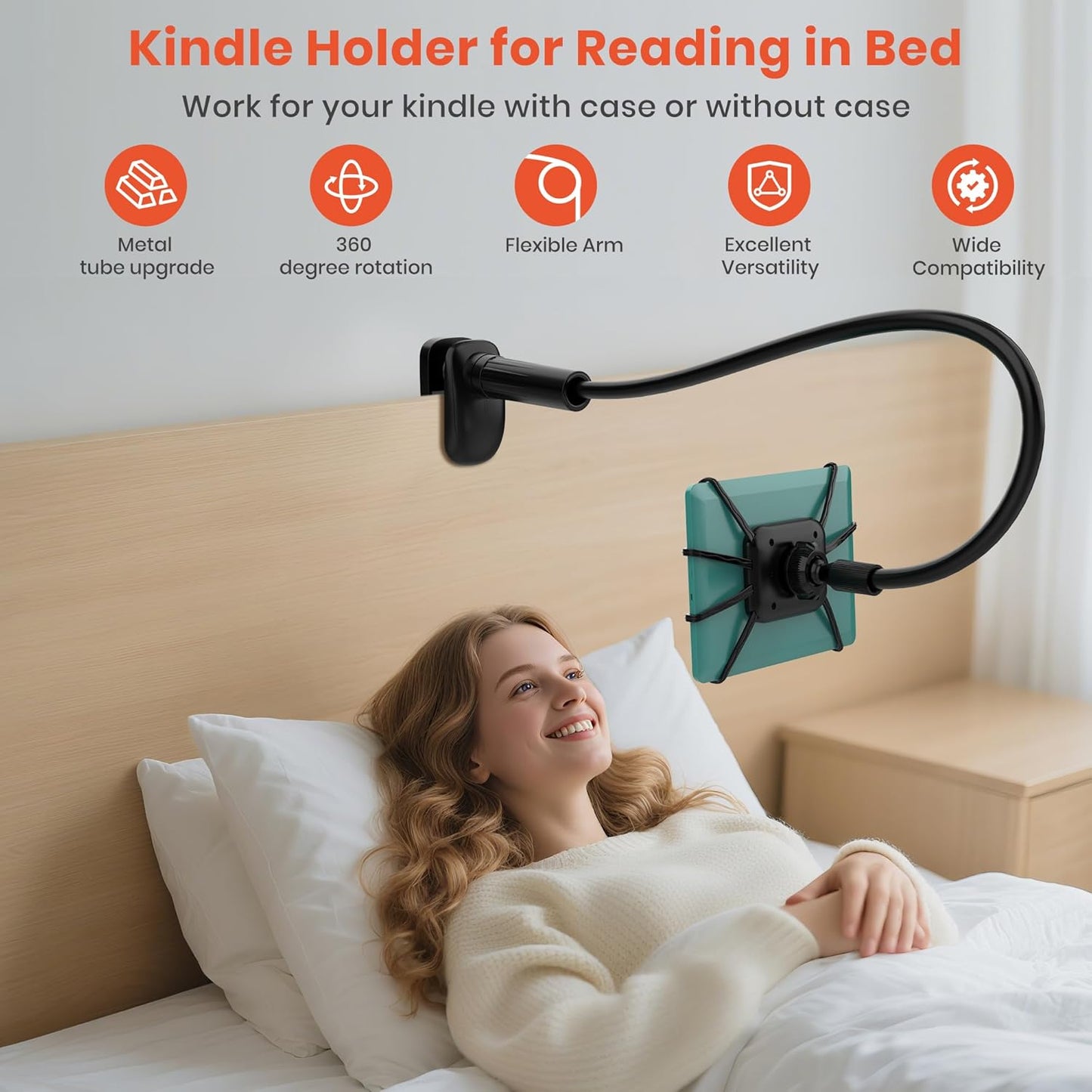 Gooseneck Kindle Holder for Reading in Bed, 360° Adjustable Cell Phone Stand for Desk, Flexible Lazy Arm Mount Clamp,Kindle Paperwhite Stand Accessories,Compatible with 4-8 Inches Device