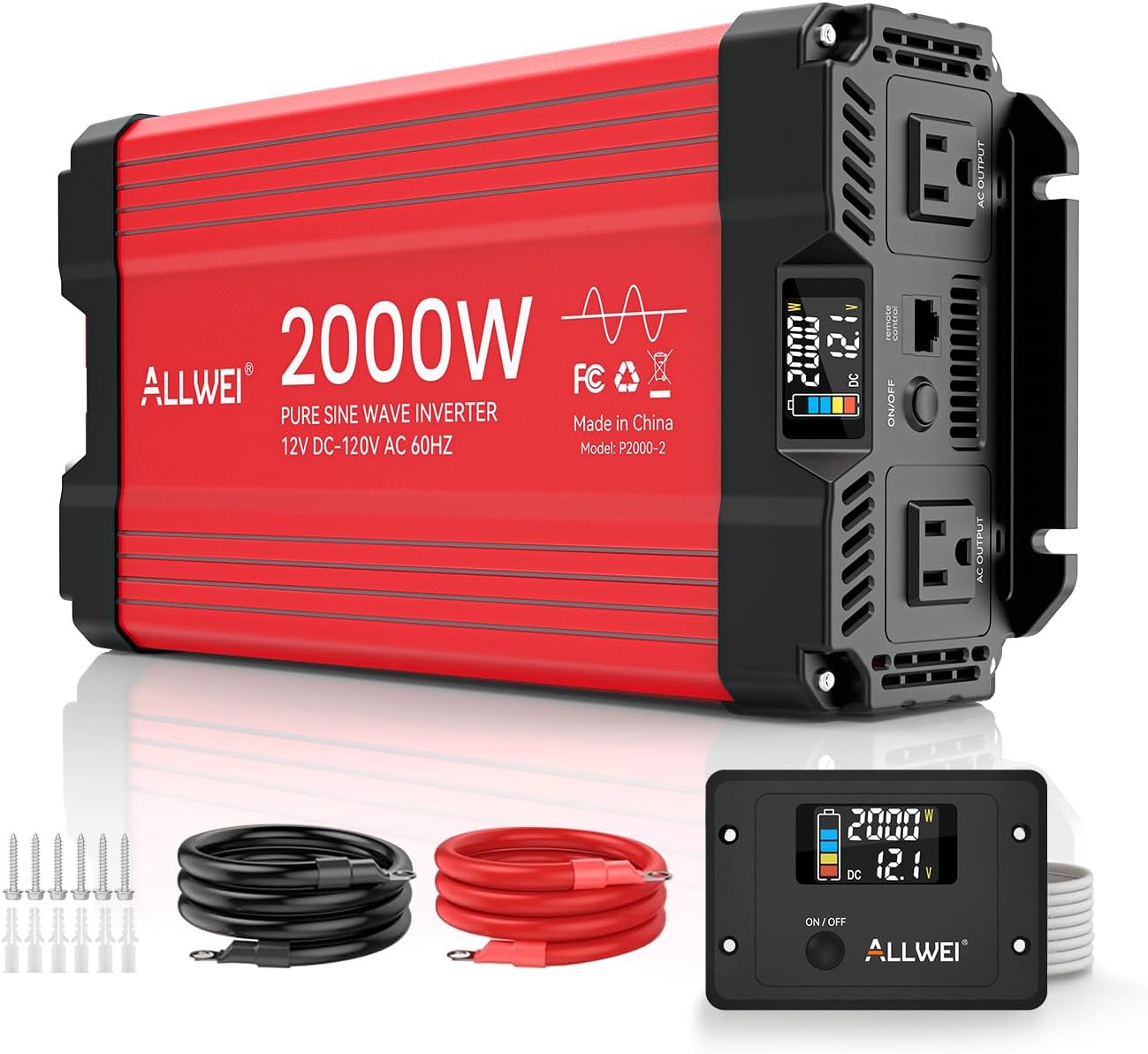 ALLWEI 2000W Pure Sine Wave Inverter 12V DC to 110V/120V AC Converter, Surge 4000W, 2 AC Sockets, LCD Display, Power Inverters for Vehicles, RV Truck Home Solar & Off-Grid Inverter, Remote Controller