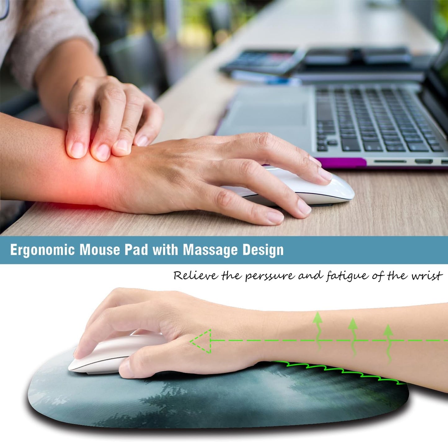 Ergonomic Mouse Pad with Wrist Support, Desktop Mouse Pad Wrist Rest Design and Non-Slip PU Base, Computer Mousepads for Pain Relief, Office & Home, Fog Forest