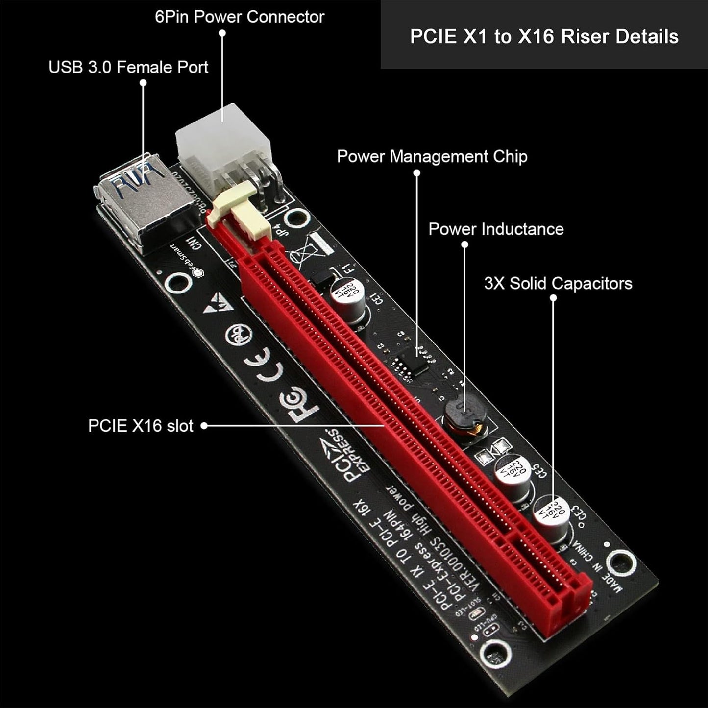 GPU Riser for Ethereum Mining Rigs, PCIE Risers for ETH Mining Rigs, 6PCS Black