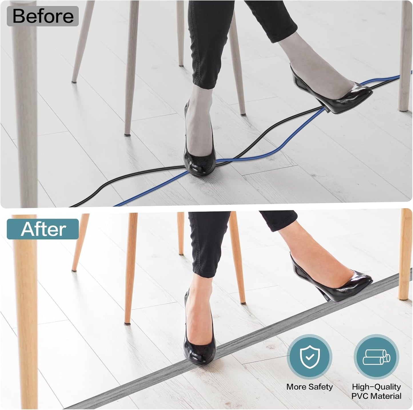 Floor Cord Cover Self Adhesive Cord Hider Floor Extension Cord Covers for Floor Power Cord Protector Cable Management Prevent Cable Trips Cable Cavity 0.32" W x 0.32" H (Light Grey Wood, 10Ft)