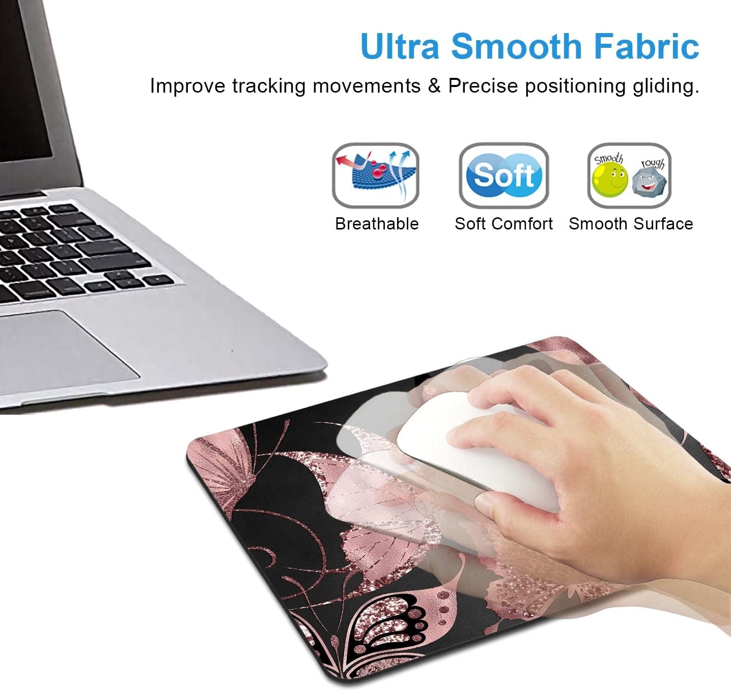 IMAYONDIA Mouse Pad, Rose Gold Butterfly Mouse Pad, Non-Slip Rubber Base Mousepad, Mouse Mat Desk Pad for Work, Game, Office, 9.5 x 7.9 Inch - Beautiful Modern Glitter Foil Design