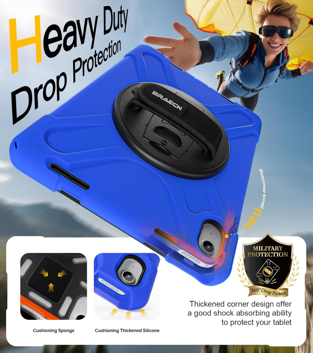 BRAECN for iPad (A16) 11th/10th Generation case 11/10.9 inch 2025/2022 Heavy Duty Shockproof Protective with Pencil Holder Screen Protector 360°Rotating Stand Handle & Shoulder Strap Full Body Cover