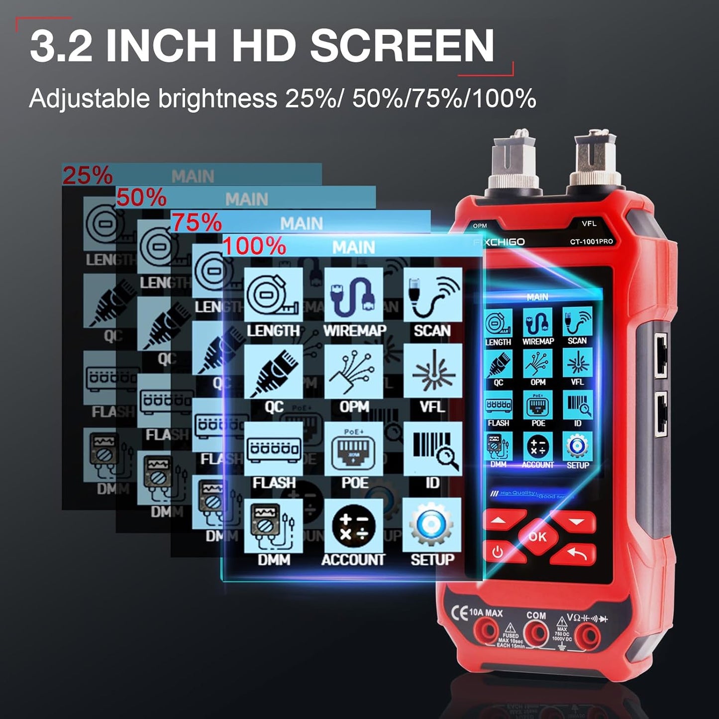 11 In 1 Network Cable Tester with 60000 Digit Multimeter 7 Wavelengths OPM 10Km/10mW VFL 600M Measurable Length 100 Records Tool Kit for CAT5 CAT6 Telephone Ethernet RJ11 RJ45 PoE Wire Tracer NCV, Red