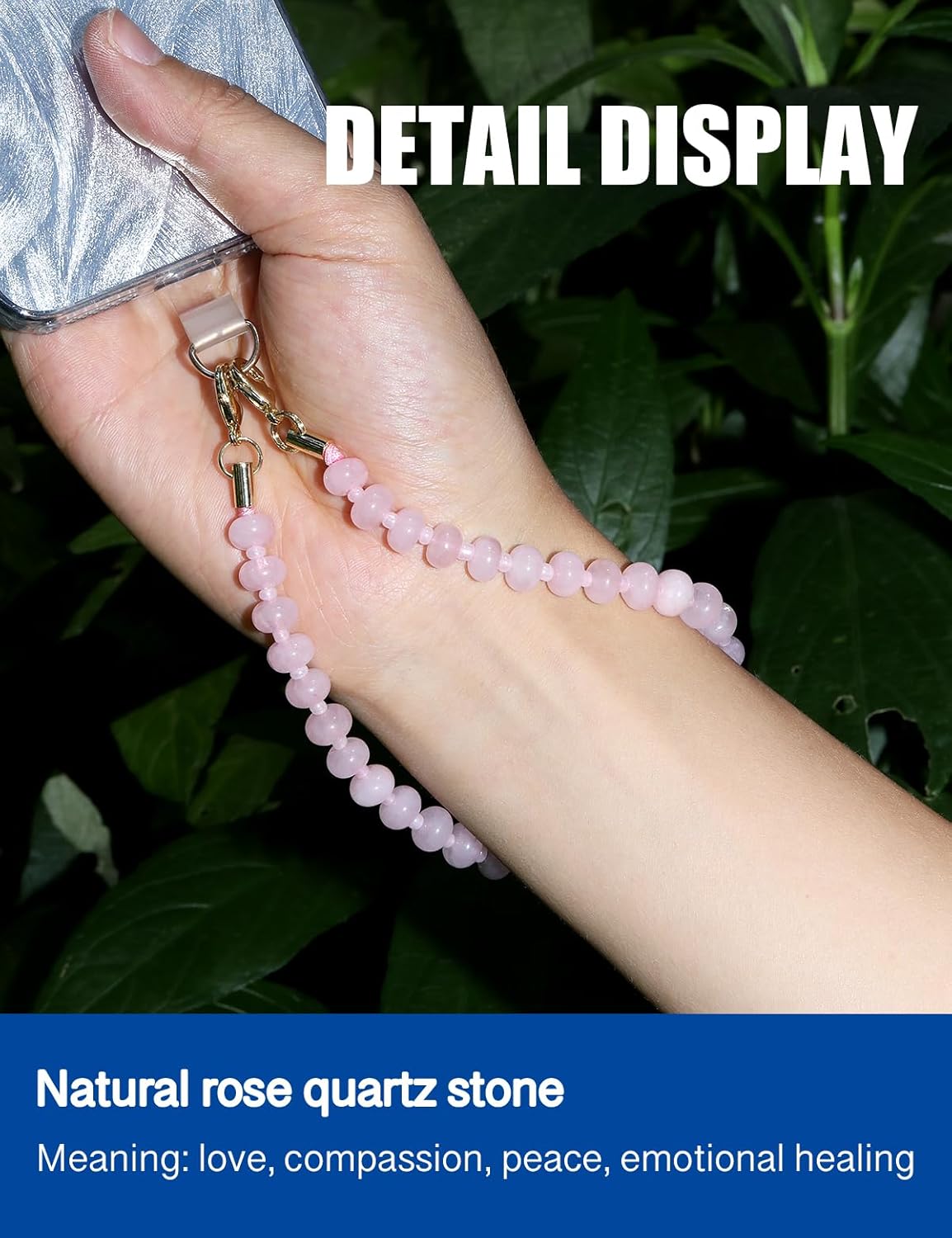 Handmade Natural Gemstone Gold Beaded Charm Cell Phone Camera Lanyard, Wrist Strap, Phone Chain String, Keychain Decor for Wallet, Stanley Cup Accessories (Rose Quartz)