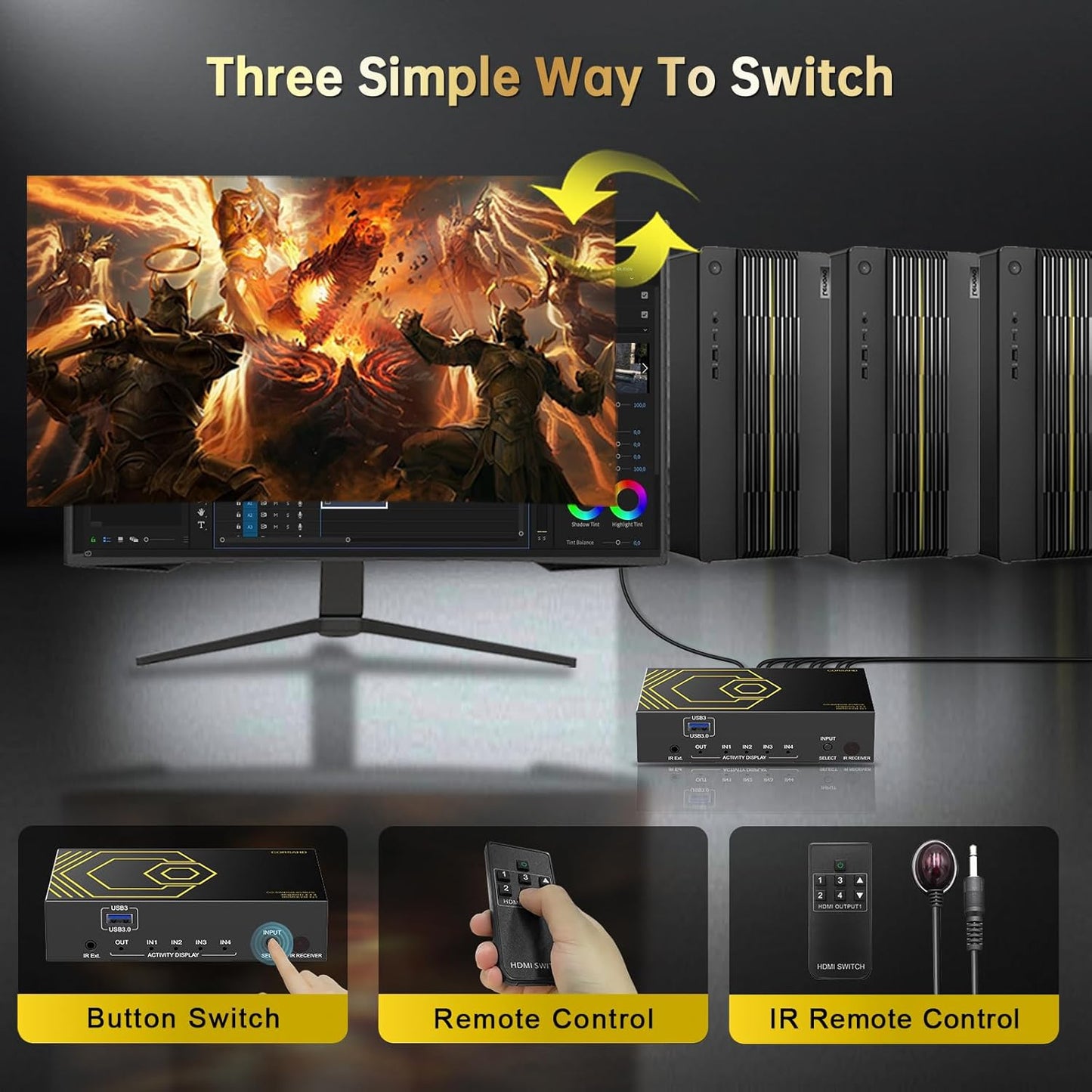 4K@60Hz HDMI KVM Switch USB3.0 4 Computers 1 Monitors HDMI 4 Port KVM Switches for 4 PC Share 1 Monitor and 4 USB 3.0 Devices SPDIF L/R Mic Audio with IR Remote Control and 4xUSB 3.0 Cables