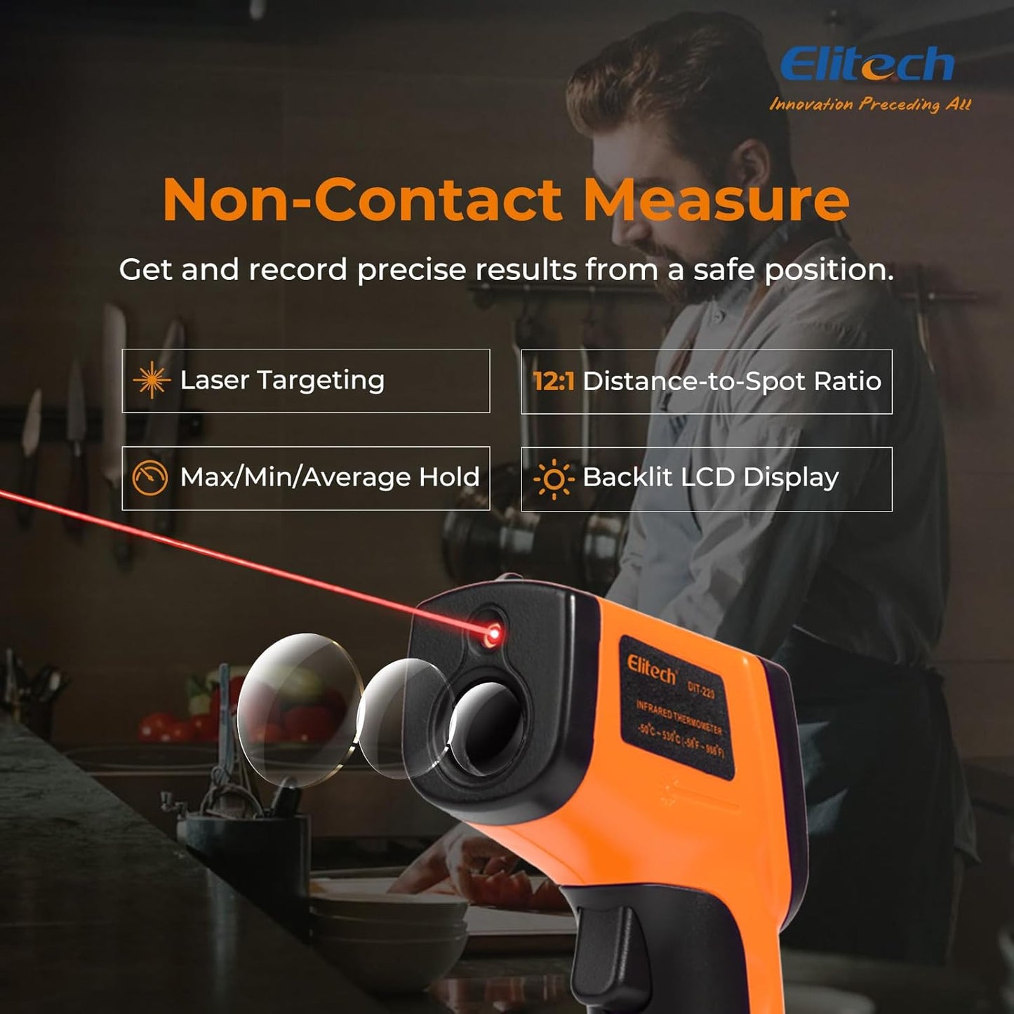 Elitech 2Pack Laser Temperature Gun, Non-Contact Digital Infrared Thermometer, Adjustable Emissivity, Backlight, Handheld for Grill, Meat, Candy, Automotive, HVAC Tools, -50~530°C(-58~986°F), DIT-220