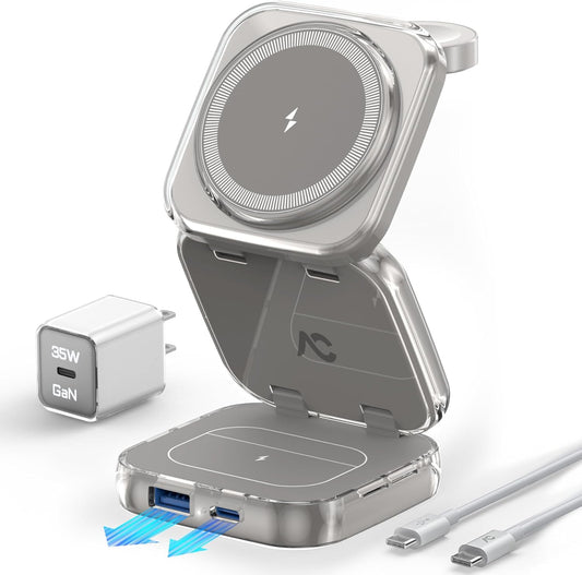 5-in-1 Wireless Charger for MagSafe, AC ISLAND Portable Travel Charging Station, 15W Max Fast Foldable Magnetic Stand, Evolved for iPhone 16/15/14/13 Series, Apple Watch, AirPods (with 35W Adapter)