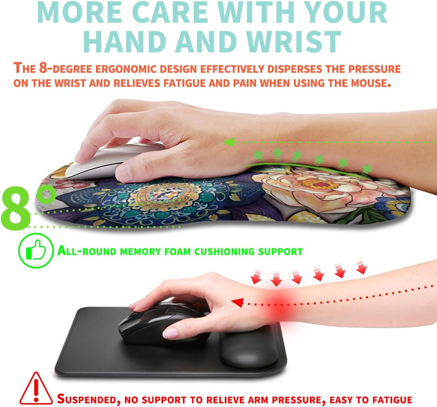 Ergonomic Mouse Pad Wrist Support with Memory Foam Massage Bulge, Carpal Tunnel Pain Relief Mousepad Wrist Rest for Mouse(12x8 inch, Blooming)