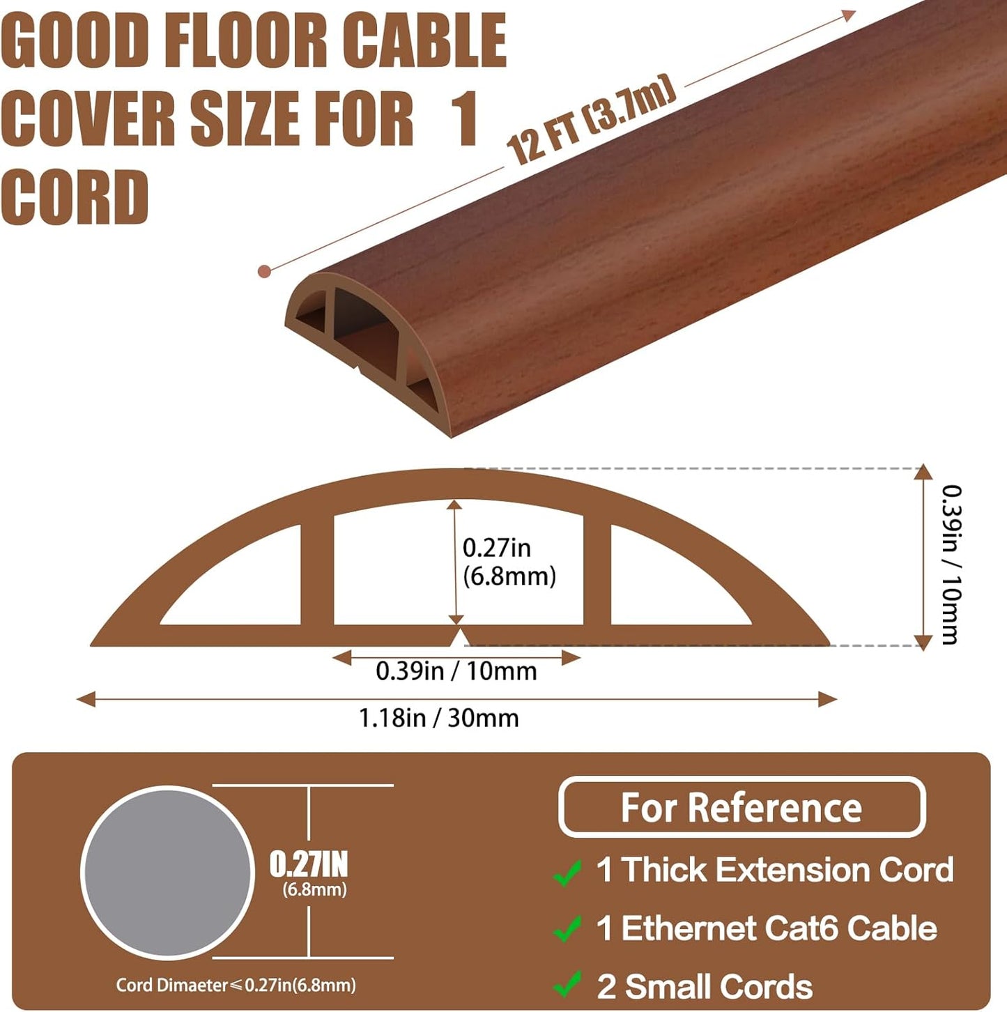 Floor Cord Covers for Wires 12FT Cable Hider Wire Cover Self Adhesive Cord Hider Floor for Offices, Homes, Workshops, Warehouses Cable Cavity 0.39" W x 0.27" H