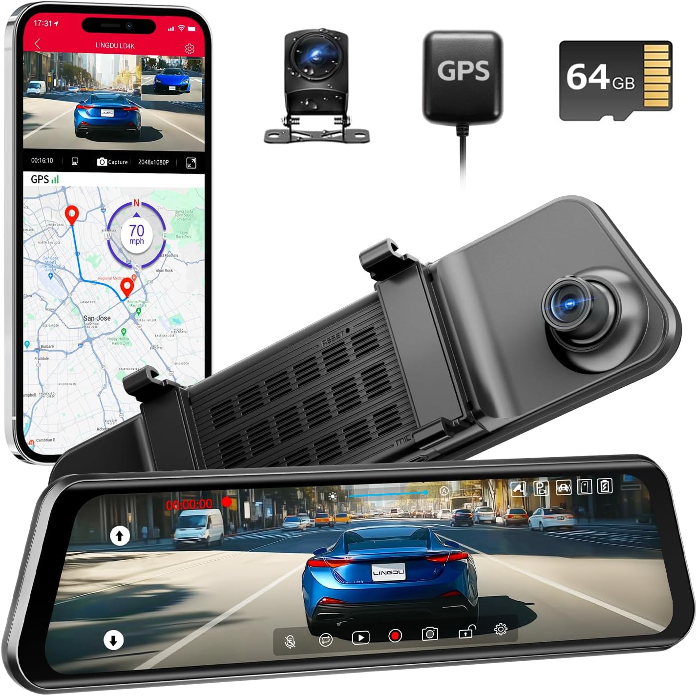 12" Mirror Dash Cam, 4K UHD Front and 2.5K Rear View Dash Camera for Car, with ADAS BSD LCA Smart Mode, GPS, G-Sensor, Loop Recording, Parking Monitor, Voice Control, 5.8GHz WiFi
