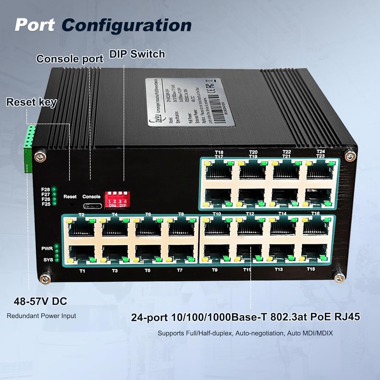 24-Port Gigabit Network Switch, L2+ Managed PoE Ethernet Switch, Support IEEE802.3af/at, Ring Network, VLAN, IPv4/IPv6 Management, Plug and Play, Din-Rail Design