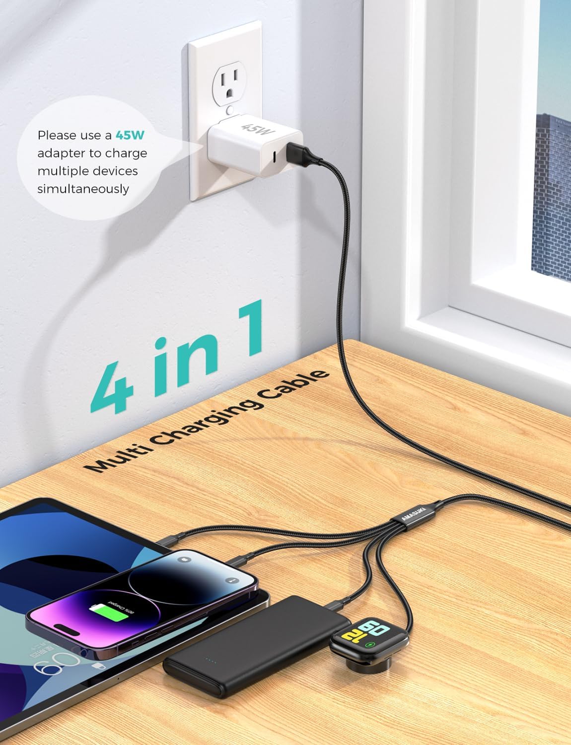 2Pack Travel Essentials Multi Charging Cable for Watch Charger 4 in 1 Fast Charger Camping Essentials USB C/L/Micro Compatible with Watch Series 10-1/SE/Ultra Phone 16 15/Galaxy Android-4FT/Black