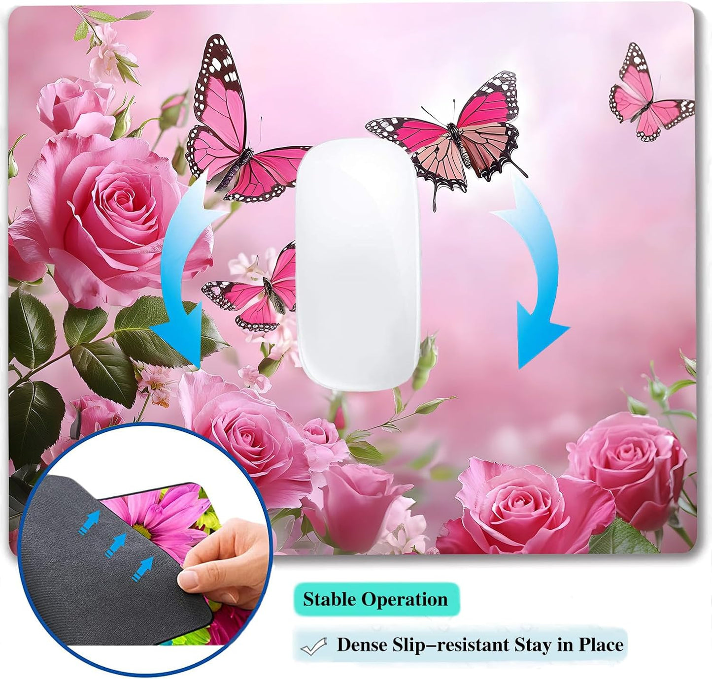 Cute Butterfly Pink Rose Flower Custom Mouse Pad with Non-Slip Rubber, Small Square Design for Wireless Laptop & Computer Mouse Pads for Desk, 9.5 x 7.9 inch Smooth Surface for Gaming & Office