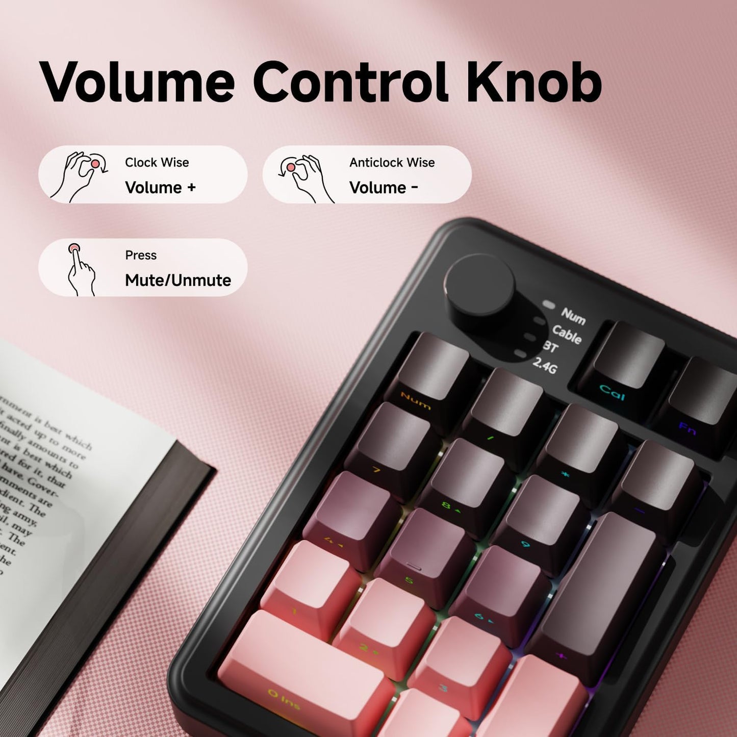 EWEADN NK20 Wireless Retro Mechanical Numpad with Knob, Bluetooth/2.4GHz/USB-C Connect with RGB Backlight Hot Swappable Number Pad, 20-Key Rechargeable External Num Pad for Win, Mac, Black Berry Pink