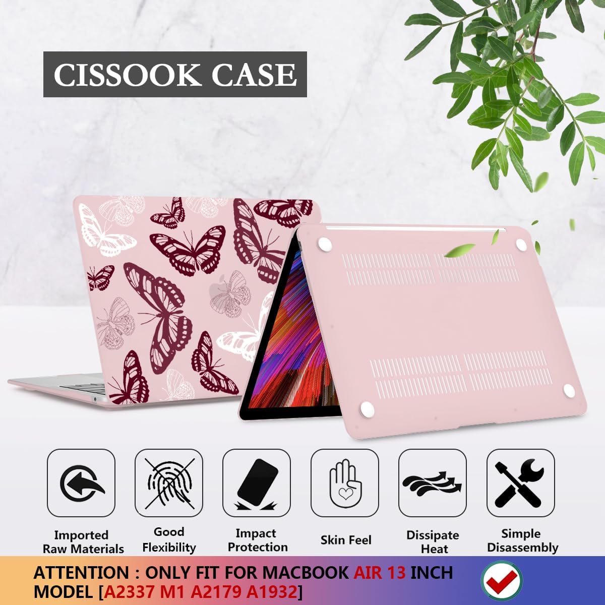 CISSOOK Butterfly Case for MacBook Air 13 Inch Pink 2021 2020 2019 2018 Release Model A2337 M1 A2179 A1932, Pink Cover with Keyboard Cover for MacBook Air 13 with Retina Display and Touch ID