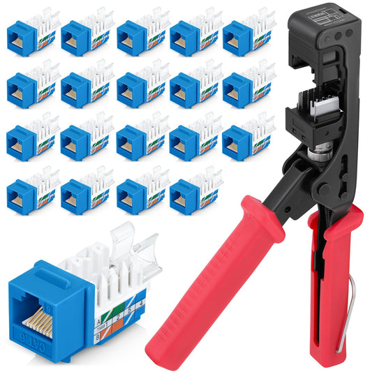 Everest easyJACK - 45° Angled Speed Termination Keystone Tool Set - with 20-Pack of RJ45 Cat6 Keystone Jacks in Blue (Slim Profile Design) - Time Saver Network Punch Down Tool Cat6