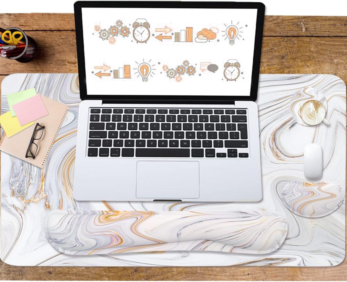 4-in-1 Large Gaming Mouse Pad, Keyboard Wrist Rest Pad & Wrist Support Mousepad Set, Extended Desk Pad Waterproof Desk Mat for Home Office Study Game - White Marble