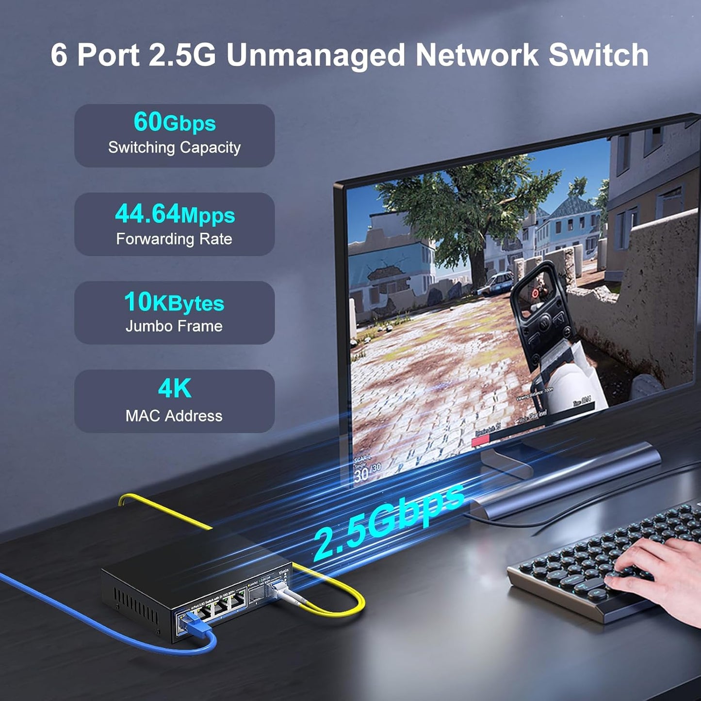 6 Port 2.5G Unmanaged Network Switch, VIMIN 4X 2.5Gbase-T Ports, 2X 10G SFP+ Port, 60Gbps Switching Capacity, IEEE802.3, Metal Housing, Fanless, Work for 2.5Gbps NAS, Wireless AP & PC
