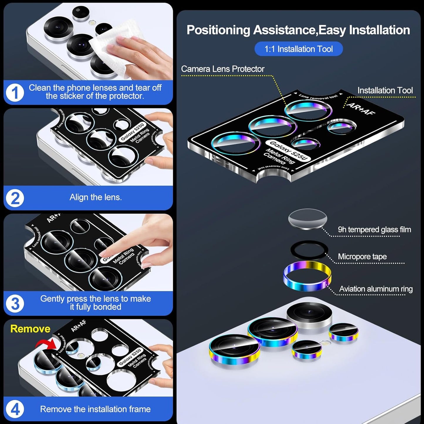 for Samsung Galaxy S25 Ultra Camera Lens Protector, Individual Metal Ring Tempered Glass Lens Cover, [Strong Adsorption] Scratch Resistant Ultra-Thin HD Clear Lens Cover, 1 Set-Colorful Ring