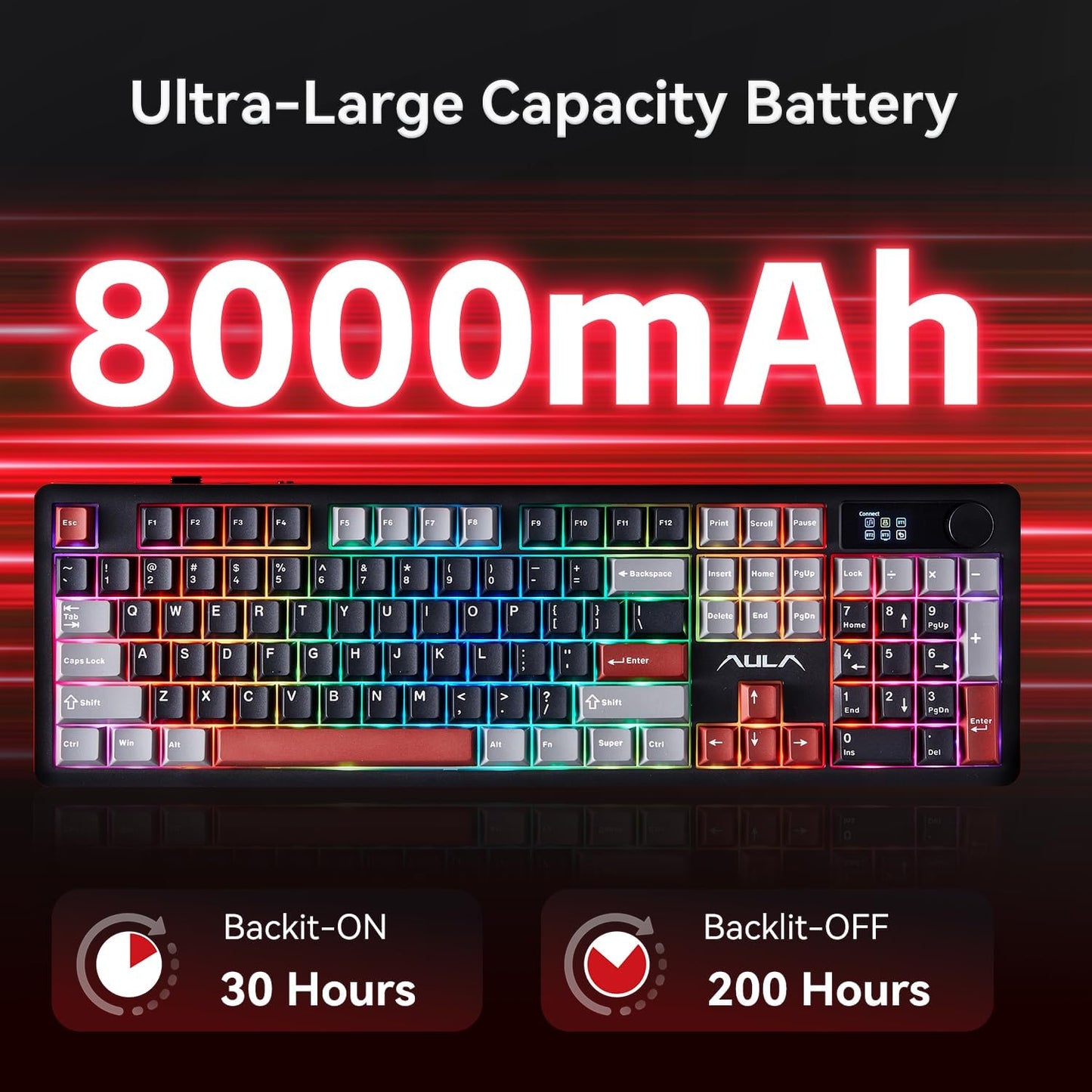 AULA F106 PRO Mechanical Wireless Keyboard,Gaming Keyboard with Knob & Screen Tri-Mode RGB Hot Swappable Custom PBT Keys with 8000mAh for PC/Laptop/Windows - Black Red
