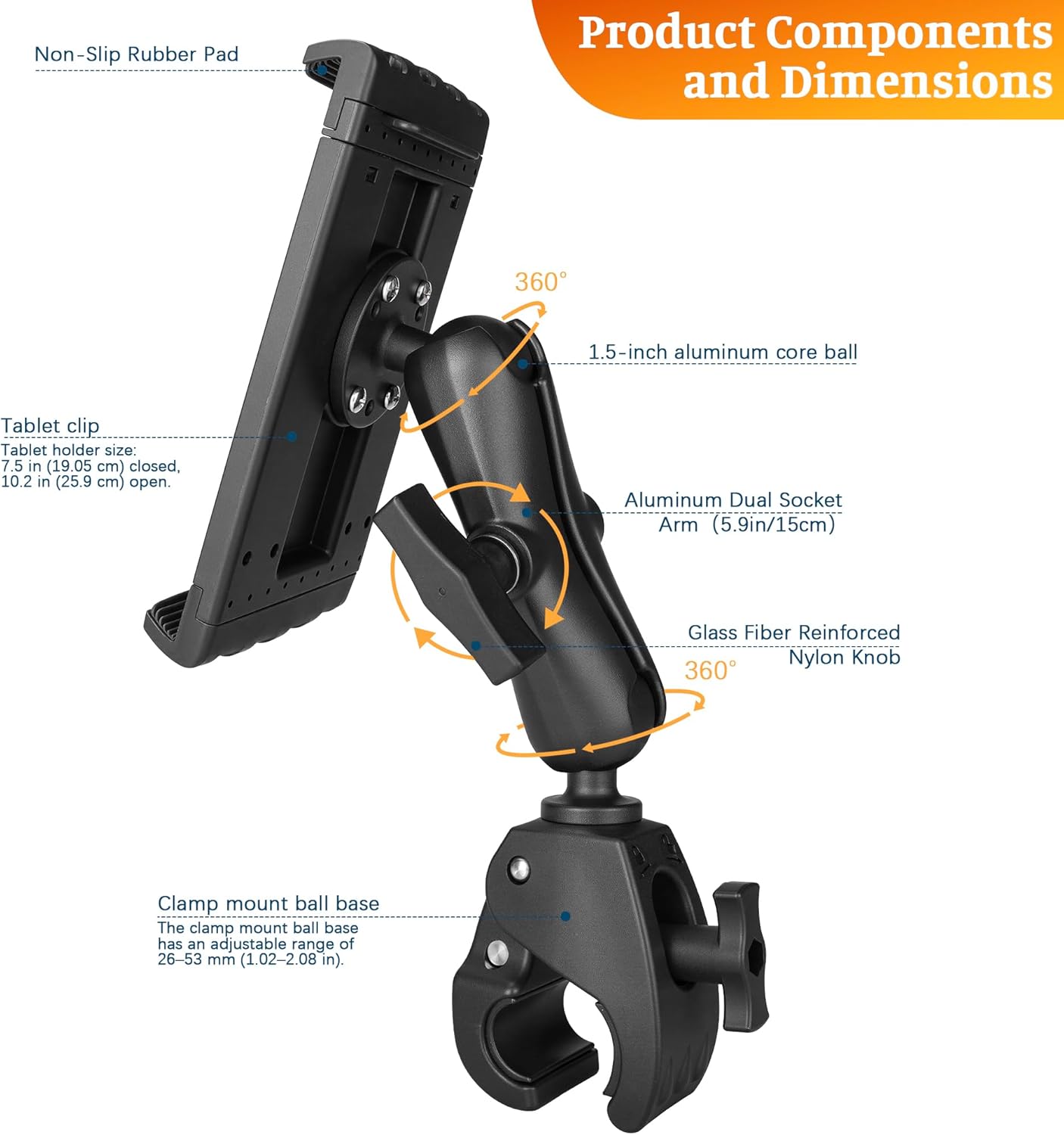 Aluminum iPad Tablet Mount Holder, Kitchen Tablet Holder for UTV/Desk/Chair/Fitness Bike/Mic Stand/Fitness Bike/Road Mountain Bicycle, 360° Adjustable Clamp Compatible with 7.5''-13'' iPad