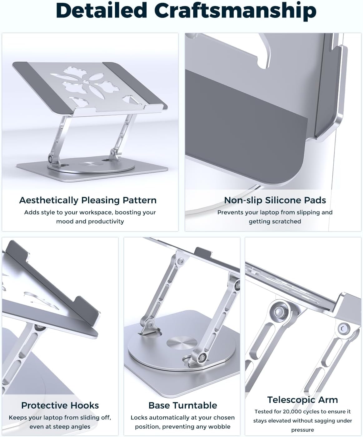 Adjustable Laptop Stand for Desk - Portable Laptop Riser with Rotating Base, Foldable Aluminum Computer Stand, Ergonomic Laptop Holder for MacBook Pro/Air Dell HP Lenovo Notebook up to 16" (Silver)