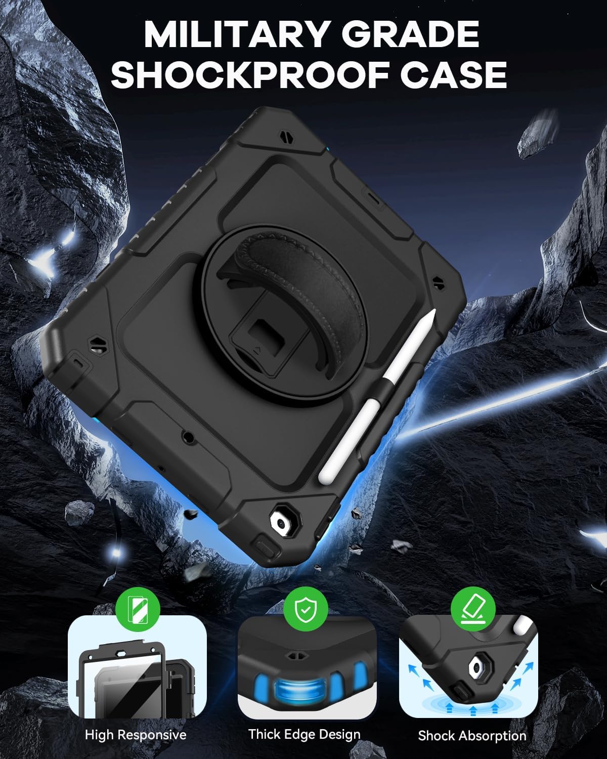 Cantis Case for iPad 9th/8th/7th Generation with Screen Protector, iPad 10.2 Case 2021/2020/2019 with 360 Degree Rotating Stand/Shoulder Strap/Pencil Holder, Black