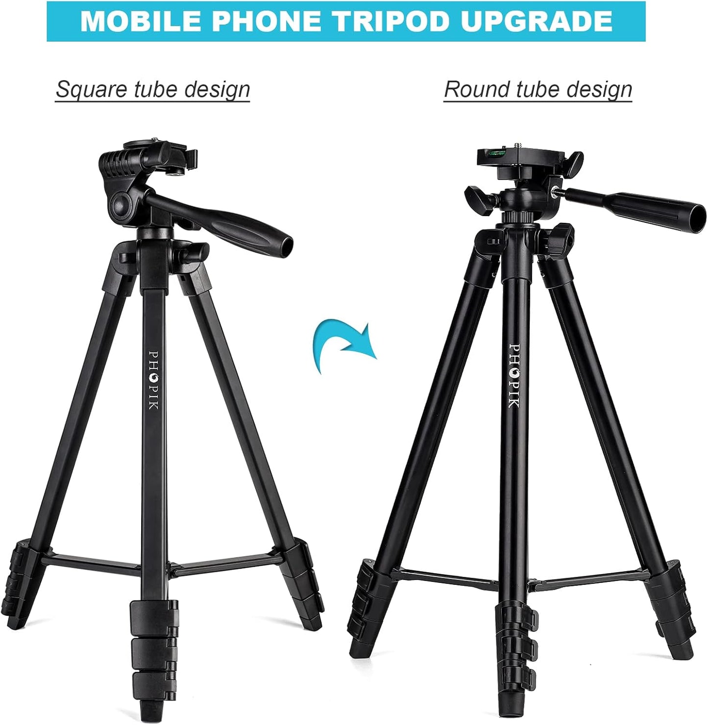 55" Phone Tripod, PHOPIK Aluminum Extendable Tripod Stand with Shutter, Carrying Bag, Compatible with iPhone/Android/Sport Camera&Insta 360 x5 Perfect for Video Recording/Selfies/Live Stream/Vlogging