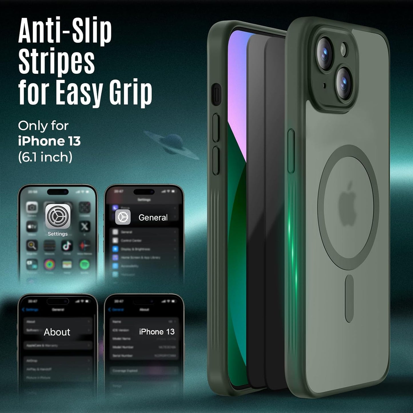 Designed for iPhone 13 Case, Compatible with MagSafe, with Privacy Screen Protectors X2, [Camera Protection] [15FT Military Drop Protection] Shockproof Phone Case, 6.1", Alpine Green