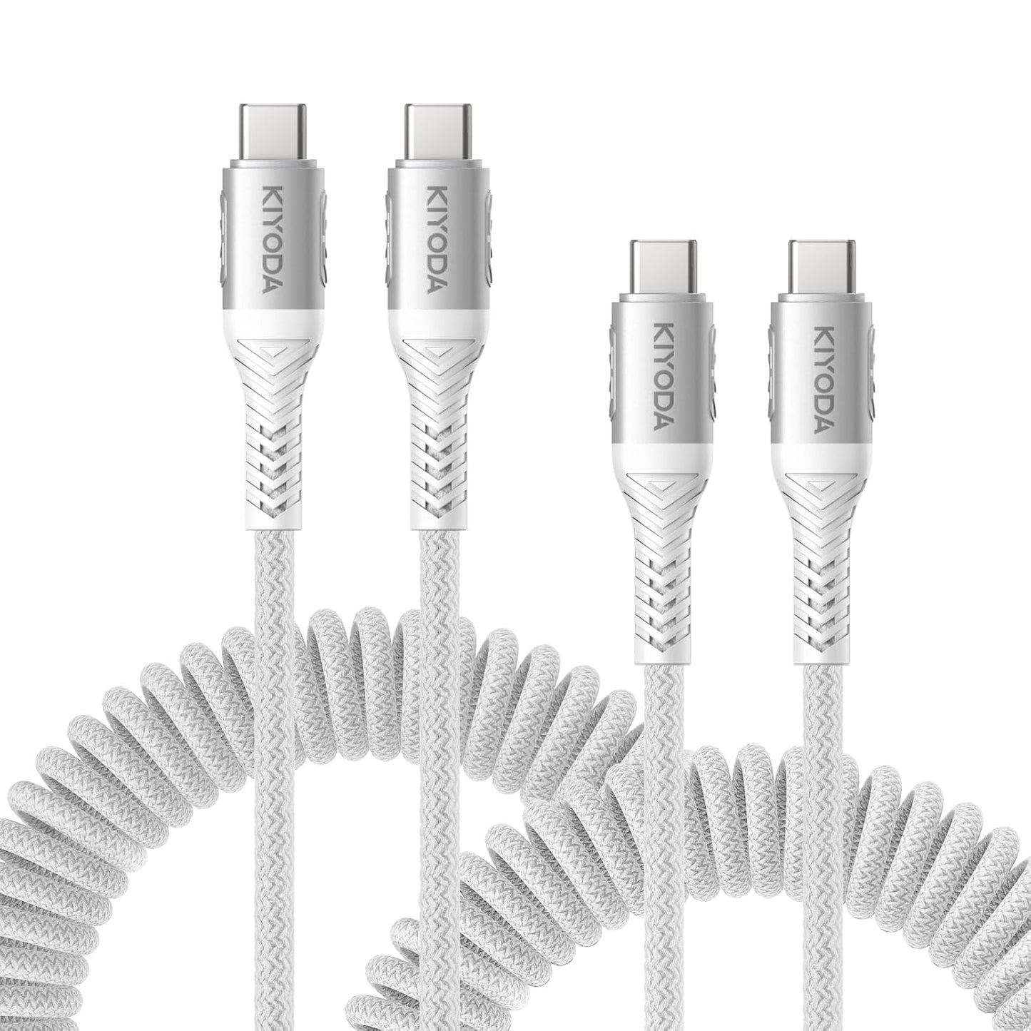 Coiled USB C to C Cable 3ft+6ft, Coiled USB C Cable for Car, Braided Type C Charger 66W Fast Charging Cord Compatible with iPhone 17 16 15, iPad, Samsung Galaxy, Google Pixel, Moto, LG Phones-Silver