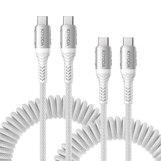 Coiled USB C to C Cable 3ft+6ft, Coiled USB C Cable for Car, Braided Type C Charger 66W Fast Charging Cord Compatible with iPhone 17 16 15, iPad, Samsung Galaxy, Google Pixel, Moto, LG Phones-Silver