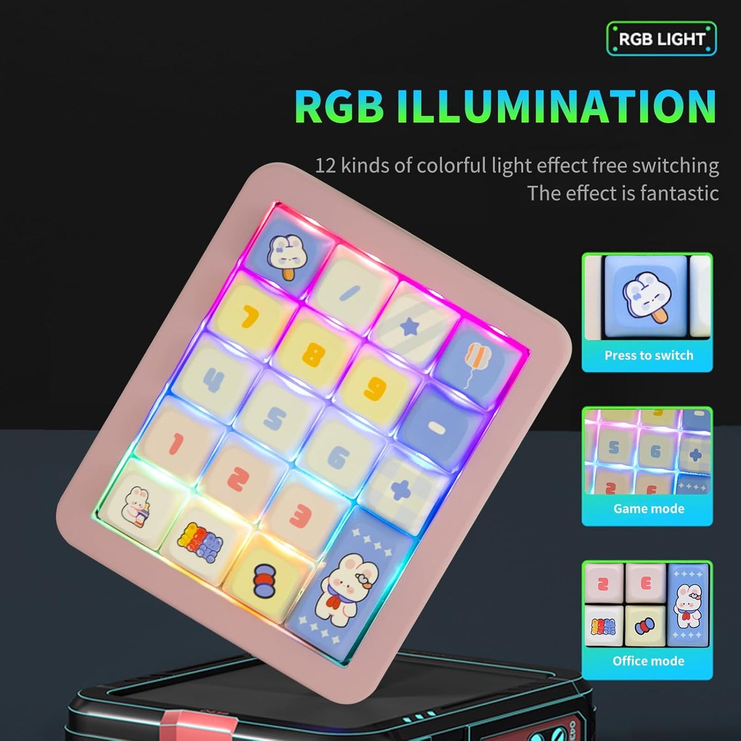 Adventurers K812 Wired Mechanical Numeric Keypad, 19-Key Hot-Swappable RGB Numpad, Macro Programmable, Detachable Type-C Cable, Game/Office Mode Switch – for PC/Laptop/Desktop (Pink)