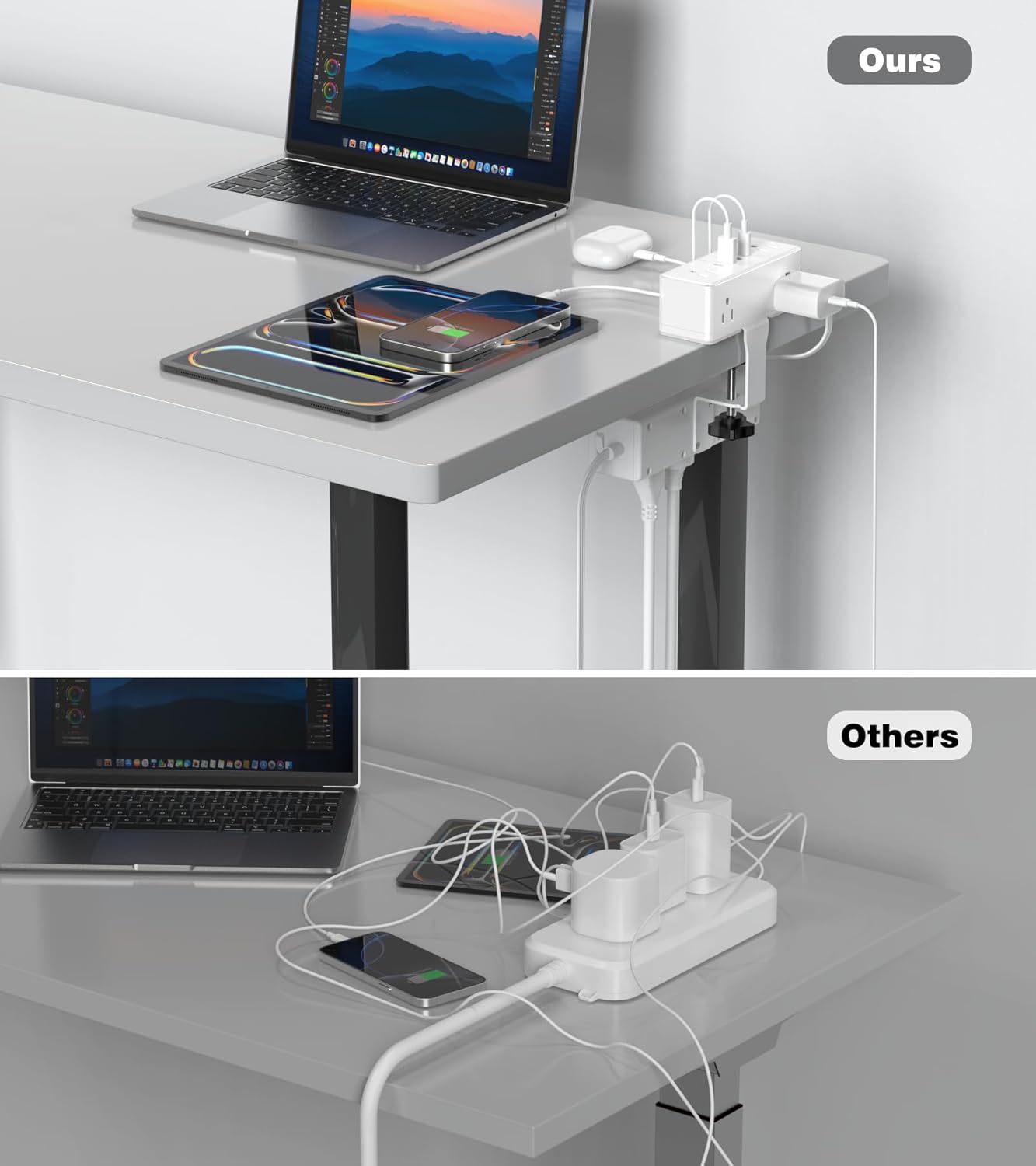 Dual Layer Desk Clamp Power Strip, 19 in 1 Desktop Edge Mount Surge Protector with 4 USB Ports(2 USB-C) & 15 AC Outlets, Ultra Thin Flat Plug & 15FT Power Cord for Office Home(ETL Listed)